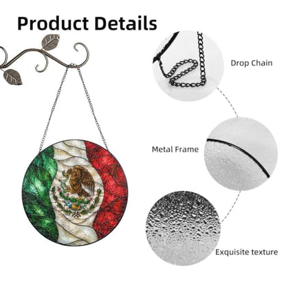 Mexican Flag Stained Glass Suncatcher - 6 Inch Round Window Decor - Reversible Design
