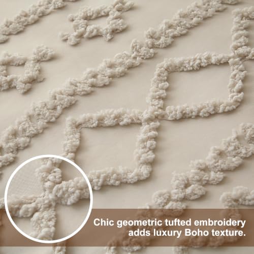 Queen Size Tufted Boho Duvet Cover Set - Farmhouse Beige Bedding