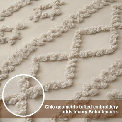 Queen Size Tufted Boho Duvet Cover Set - Farmhouse Beige Bedding