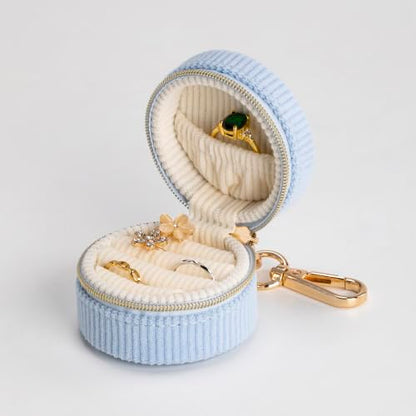Blue Ring Box & Jewelry Organizer with Keychain - Mini Velvet Travel Case