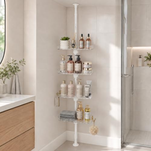 White 4-Tier Shower Caddy Tension Pole Bathroom Wall Organizer
