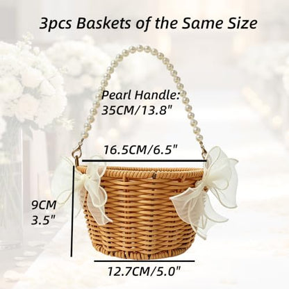 Wedding Flower Girl Basket Set with Pearl Handle & Petals, Rustic Rattan
