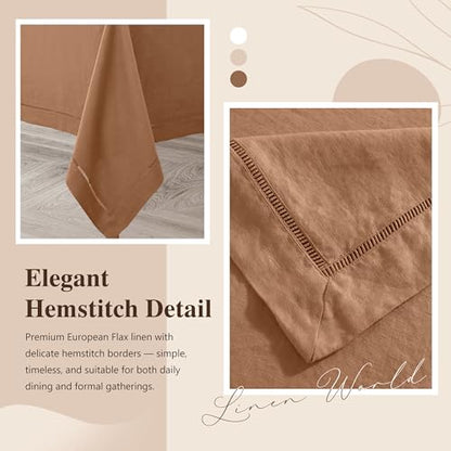 Beige Hemstitch Linen Tablecloth 90x60 Inch - Fall Table Decor