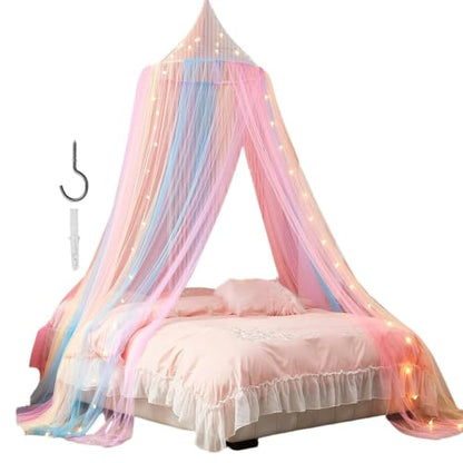 Girls Bed Canopy Rainbow Fly Netting - Breathable & Cute for Bedroom Decor