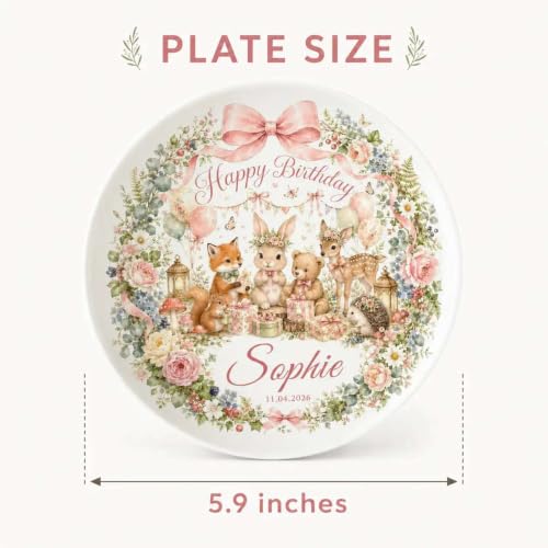 Personalized Girl Happy Birthday Plate with Woodland Animal Design - Custom Name Ceramic Keepsake
