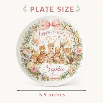 Personalized Girl Happy Birthday Plate with Woodland Animal Design - Custom Name Ceramic Keepsake