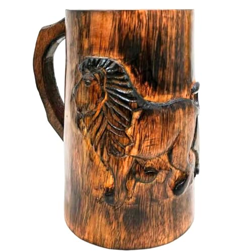 Hand-Carved Wooden Coffee Mug with Lion Design - Antique Brown, 470ml