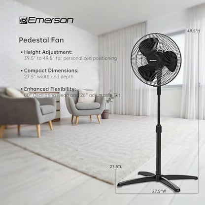 Emerson 16-Inch Oscillating Pedestal Fan with 3-Speed Control & Adjustable Height - Black FAO1605-B
