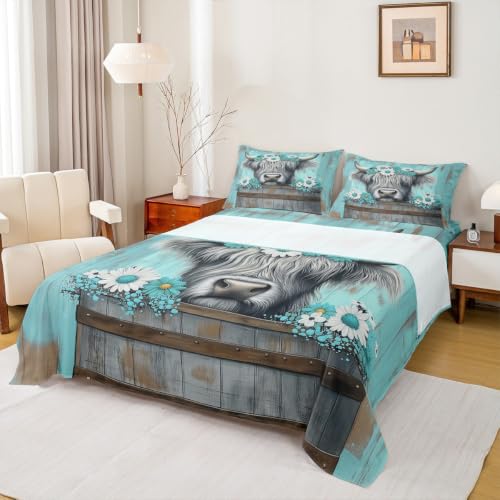Queen Size Highland Cow Kids Sheet Set with Deep Pockets - Gray & Light Blue