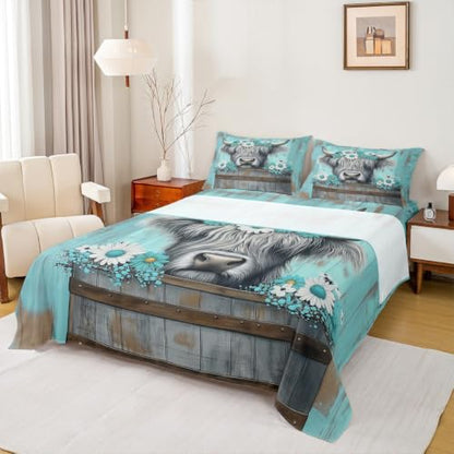 Queen Size Highland Cow Kids Sheet Set with Deep Pockets - Gray & Light Blue