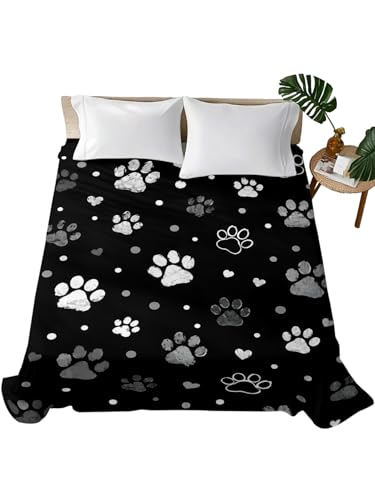 Twin Flat Sheet with Paw Print Print - Black Microfiber Bedding for All Seasons - LooPoP