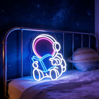 Neon Sign Astronaut Book LED Wall Decor Kids Room & Game Room - J-Blue Pink White