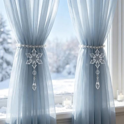Long Snowflake Beaded Magnetic Curtain Tiebacks - Clear Crystal & Steel Wire - Style 5 (2 Pack)