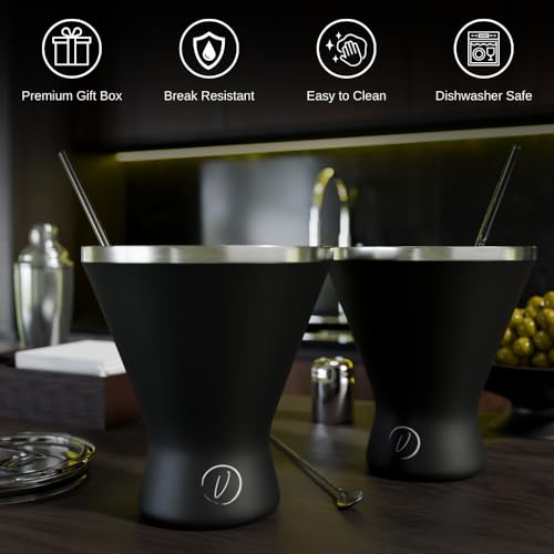 10oz Stainless Steel Martini Glass Set of 2 - Black, Vacuum Insulated, Unbreakable Cocktail Glasses for Home & Bar