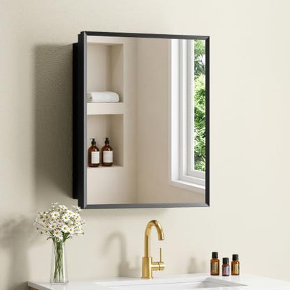 Black Aluminum Bathroom Medicine Cabinet 14x18 Inch Wall-Mounted Mirror with Storage