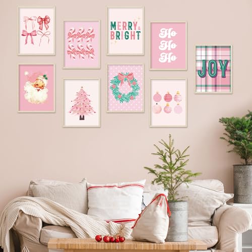 Pink Christmas Wall Art Prints Set - Santa, Tree & Festive Decor, 11 x 14 Inch, 9 Sheets