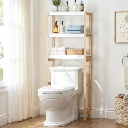 Over Toilet Storage Shelf with Bamboo Frame - 3 Tiers White Bathroom Organizer
