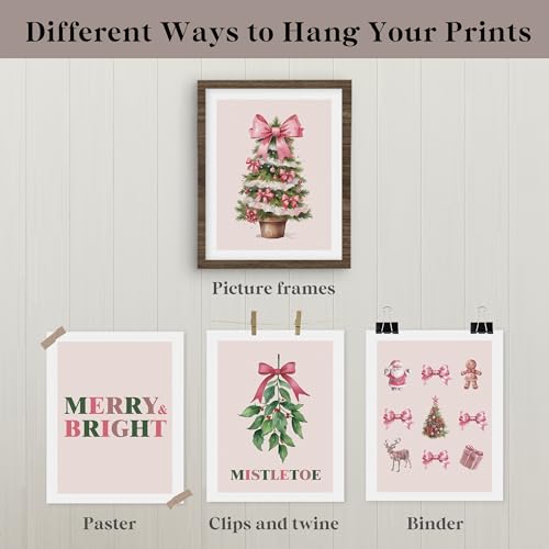 Christmas Tree Wall Art Prints Set of 4 - Pink & Green Mistletoe Decor for Girls Room, 8x10 Unframed