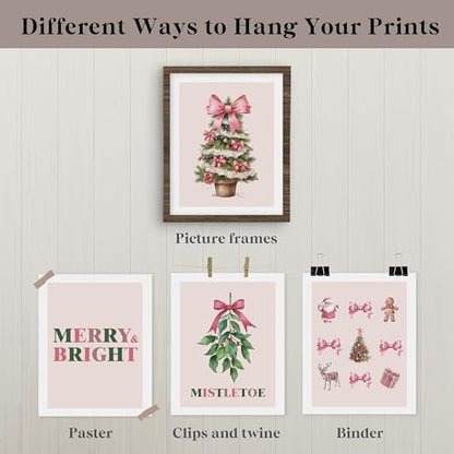 Christmas Tree Wall Art Prints Set of 4 - Pink & Green Mistletoe Decor for Girls Room, 8x10 Unframed