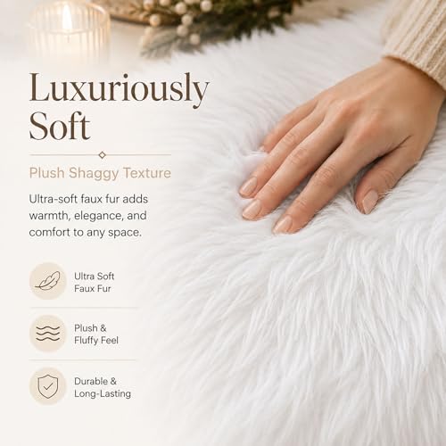 Faux Fur Placemats Set of 2 - White 12x18 Inch Washable Holiday Table Decor