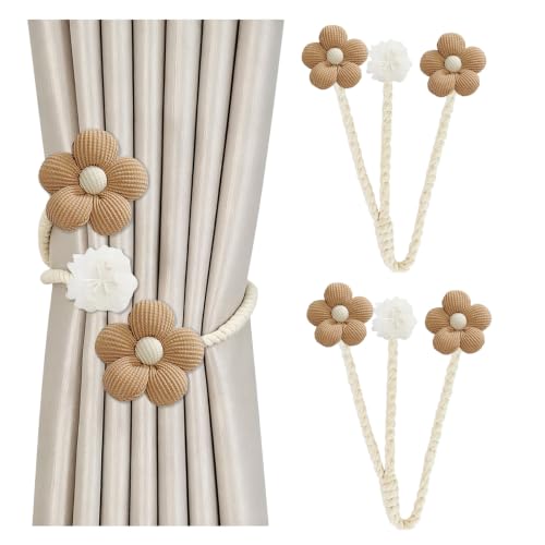 Brown Curtain Tiebacks Set - Boho Twist Rope Holders with Fabric Flowers