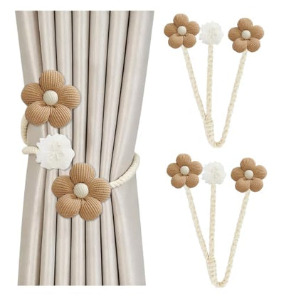 Brown Curtain Tiebacks Set - Boho Twist Rope Holders with Fabric Flowers