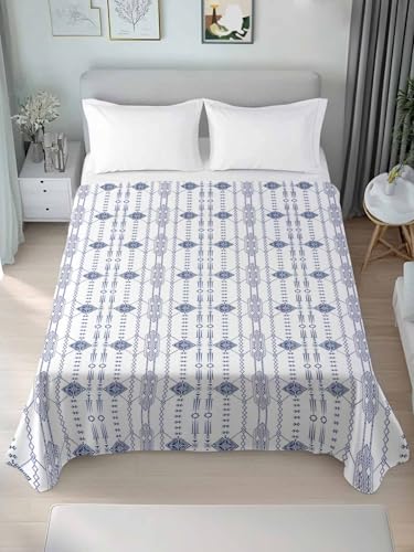 Blue Ethnic Seamless Queen Flat Sheet Microfiber Bed Bedding - Breathable & Wrinkle-Free