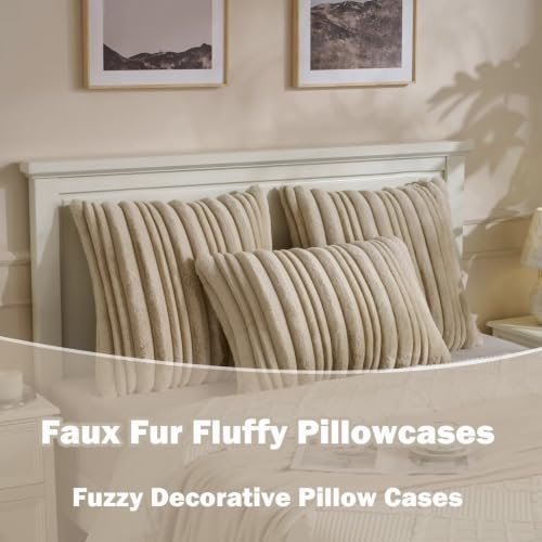 2 Pack Beige Faux Rabbit Fur Throw Pillow Covers 12x20 Inches - Cozy Home Decor