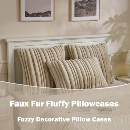 2 Pack Beige Faux Rabbit Fur Throw Pillow Covers 12x20 Inches - Cozy Home Decor