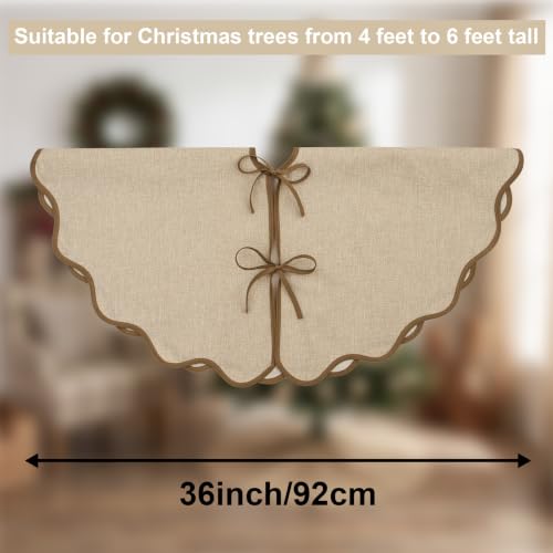 Scalloped Christmas Tree Skirt Linen Burlap 36 Inch Farmhouse Rustic Decor