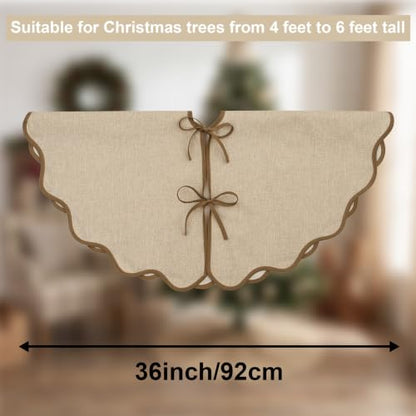 Scalloped Christmas Tree Skirt Linen Burlap 36 Inch Farmhouse Rustic Decor