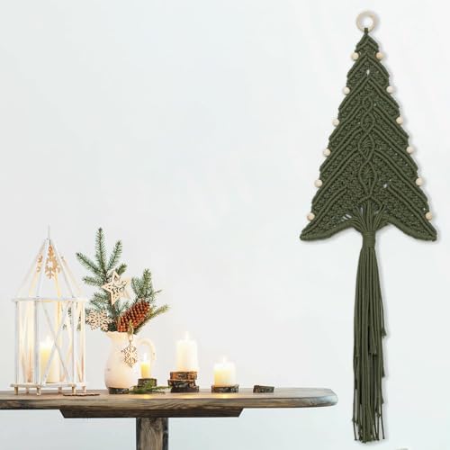 Sage Green Boho Macrame Christmas Tree Wall Hanging with Wood Beads - Handmade Holiday Decor, 32 x 11 Inches, Variation: Sage Green Beige