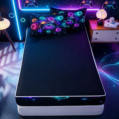Neon Gamepad Bedding Set with Zippered Comforter and Fitted Sheet - Full Size - Black, Purple, Cyan