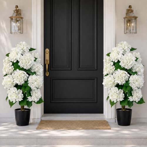 Artificial Hydrangea Tree Potted - White Hydrangea, Full & Weather-Resistant