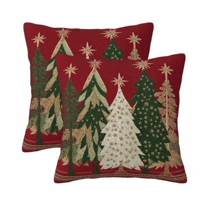 Christmas Pillow Covers 18x18 Set of 2 - Red Gold Green Tree Print