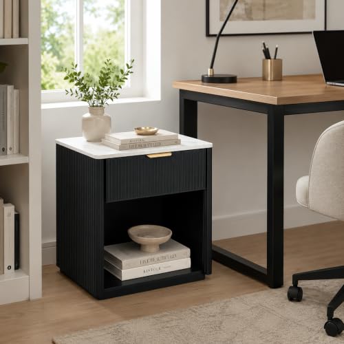 23.1-Inch Wide Fluted Nightstand with Drawer & Open Shelf, Black Finish