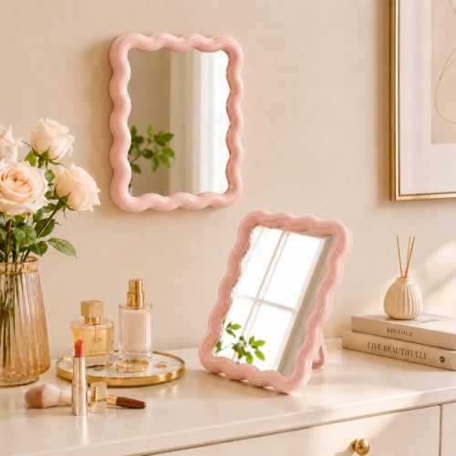 Pink Wavy Folding Desk Mirror - 6.7x5.3 Inch Cute Vanity & Makeup Mirror