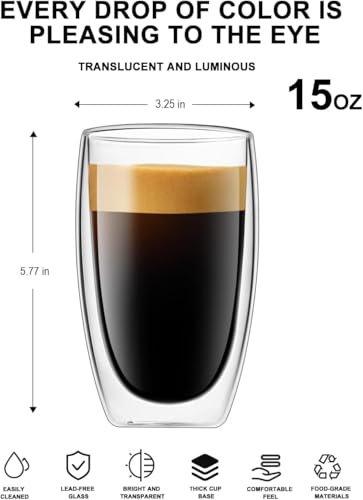 Glass Coffee Mugs Set of 2, Insulated Double Wall 15.2oz Cups for Hot Cold Beverages