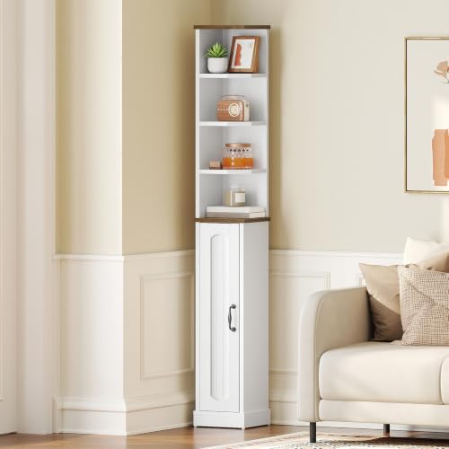 HOOBRO Small Corner Bathroom Cabinet with Reversible Door – White Walnut Finish, 8.3 x 8.3 x 65.8 inches