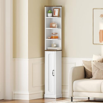 HOOBRO Small Corner Bathroom Cabinet with Reversible Door – White Walnut Finish, 8.3 x 8.3 x 65.8 inches