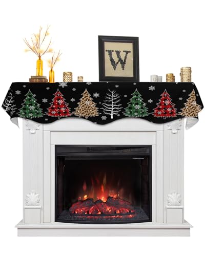 Christmas Tree Fireplace Mantel Scarf Cover - 70" x 17" Holiday Decor, Rustic Snowflake & Buffalo Plaid