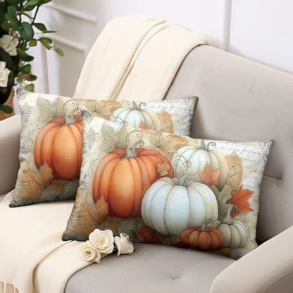 Fall Outdoor Lumbar Pillow Covers 12x20 Set of 2 Orange White Pumpkin Maple Leaves Vintage Autumn Thanksgiving Cushion Case