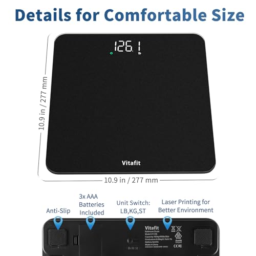 Vitafit Scale for Body Weight, High Accuracy 0.1lb by Our Professional Factory Since 2001, Digital Weight Scale LED and Step On, 3*AAA Batteries Included, 400lb/182kg, Spray Silver Black