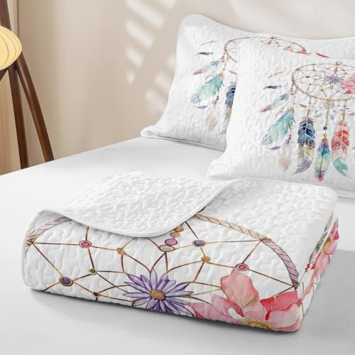 Queen Dream Catcher Quilt Set Boho Feather Bedding Coverlet with Pillows - Blue Red