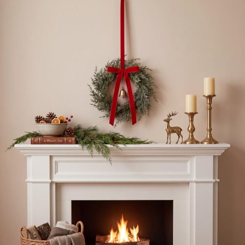 Mini Christmas Wreaths with Ribbon & Bell - 6 Inch Burgundy Set