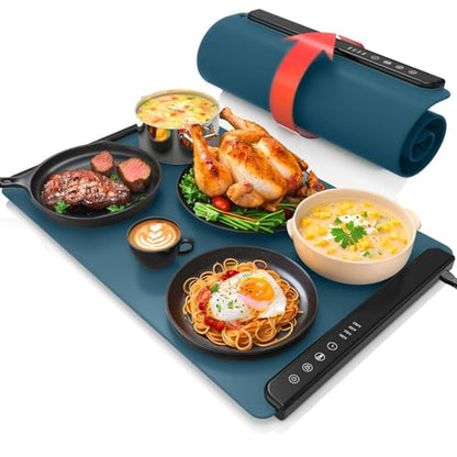 MealHelper Teal Food Warming Mat with 4 Temp Levels & 6-Hour Timer, Portable Electric Food Warmer for Countertop