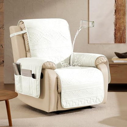 Large White Recliner Chair Cover Water-Repellent Boho Slipcover with Pockets - 30 Inch