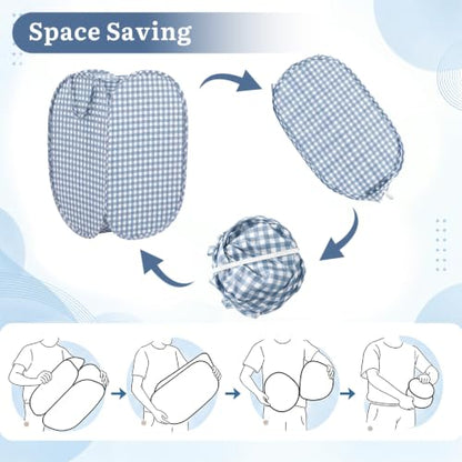 Dusty Blue Gingham Collapsible Laundry Basket Pop Up Hamper 14.57 Inch