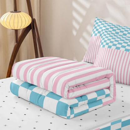 Gingham Striped Comforter Set Pink Blue White Full Size Bedding with Zipper
