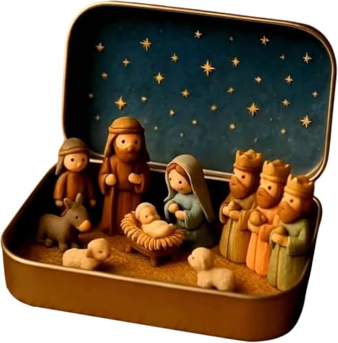 Mini Christmas Nativity Scene Set in Tin Box - Holy Family Figurines - 1PC